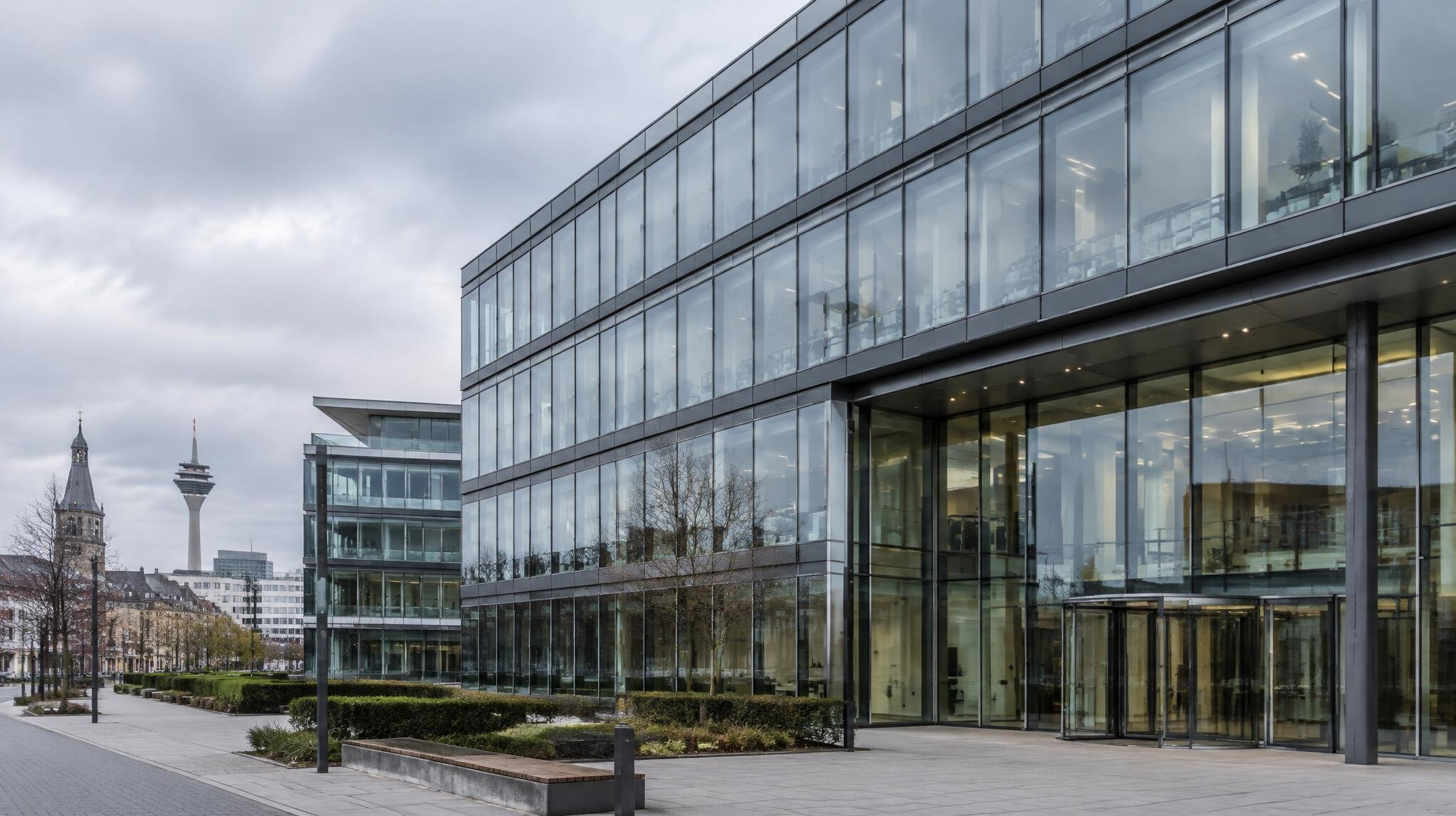 Modern office building exterior with glass facade