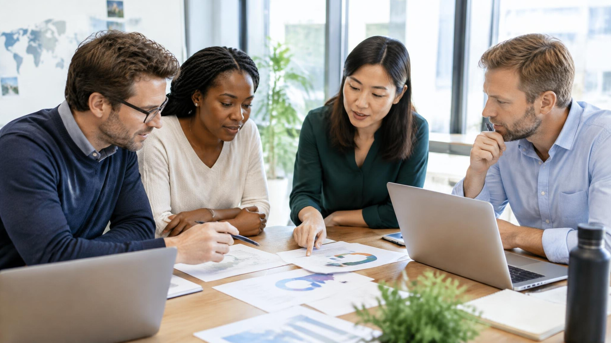 Diverse research team discussing charts around a table