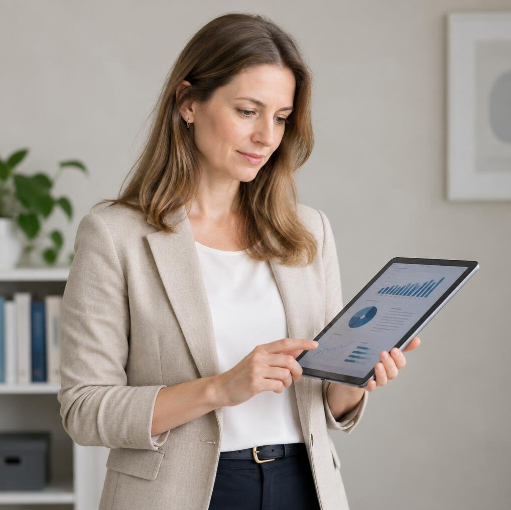 Researcher reviewing survey data on a tablet