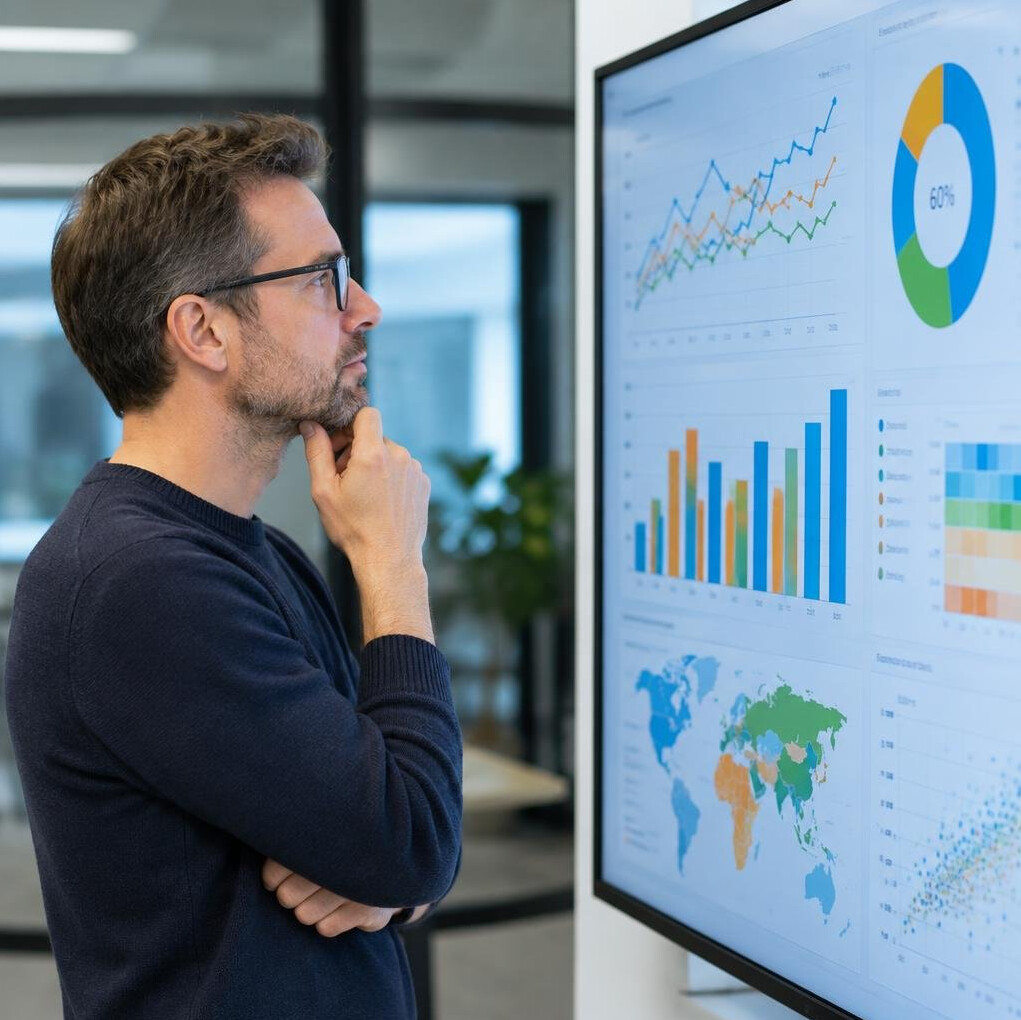 Analyst studying a data visualization dashboard on screen